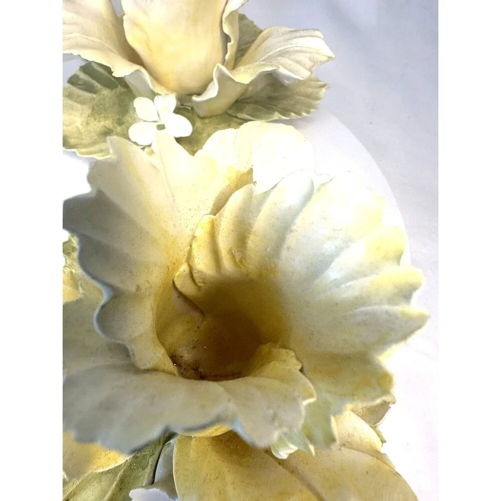 Vintage Set of 2 Mira Capodimonte Rose Single Candle Holders Yellow &White Italy